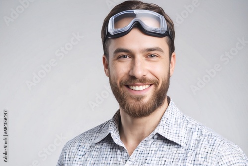 man wearing protective glasses at head