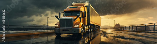 Semi truck driving down a rain soaked road. Transportation in rainy day. Panoramic image. photo