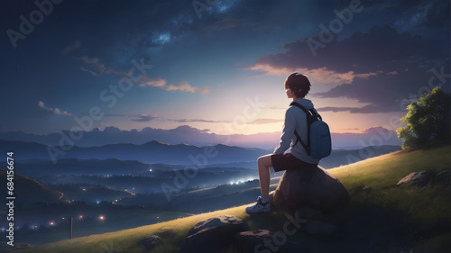Child On The Top of the Mountains in Sunrise