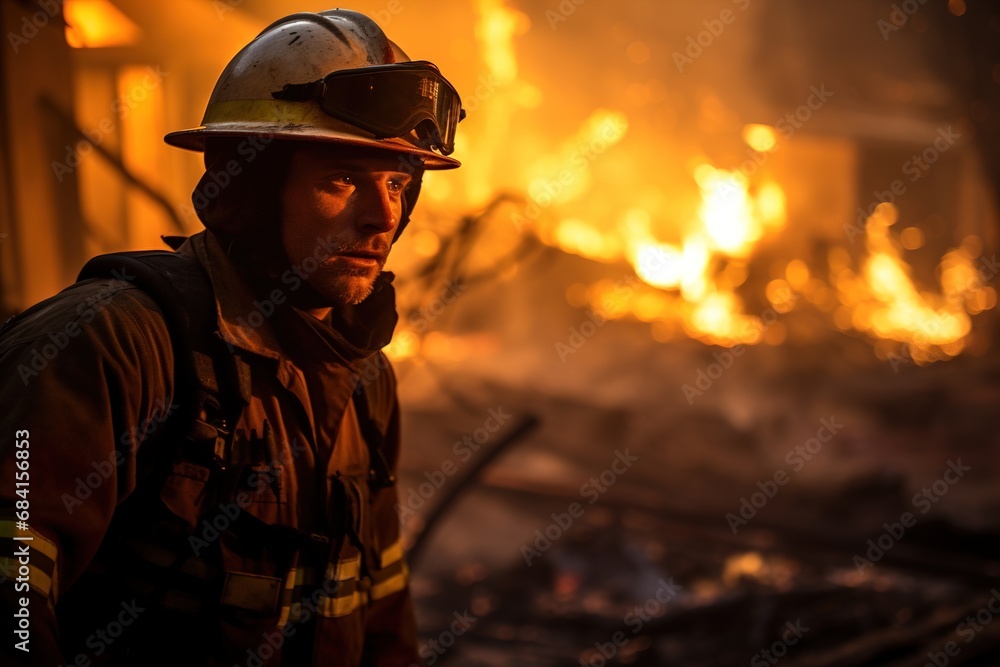 Naklejka premium Firefighter fights against the fire.