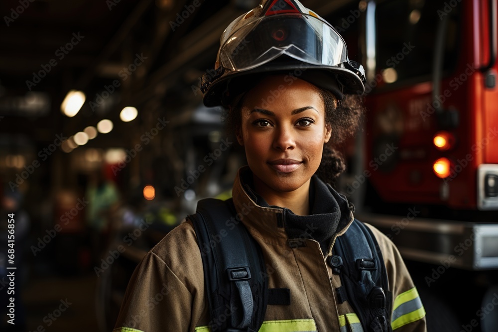 Portrait of a female firefighter in uniform. Portrait of a female firefighter in uniform.