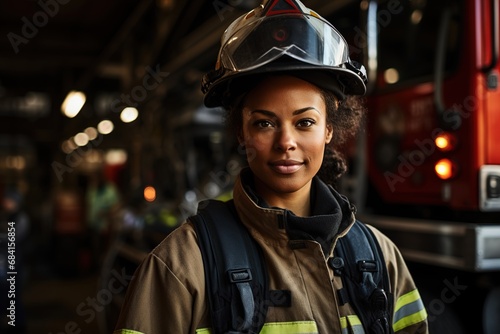 Portrait of a female firefighter in uniform.