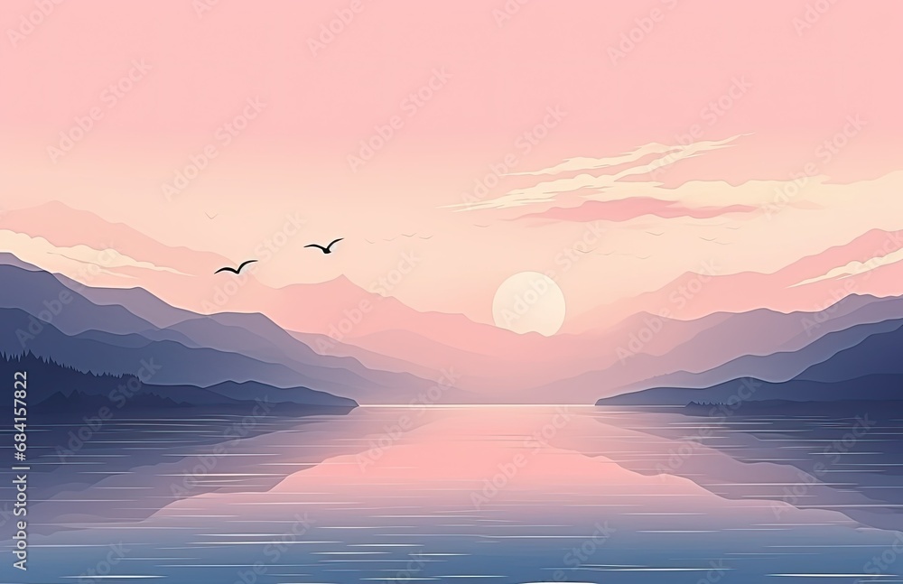 Naklejka premium Romantic Moonlit Seascapes on Shaped Canvas with Pink Mountains and Birds in Flight