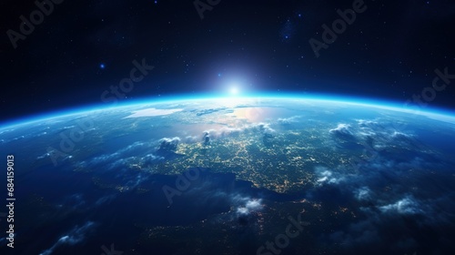 Blue sunrise, view of earth from space with AI © LaxmiOwl