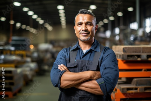 Candid shot of a confident Hispanic male factory worker with arms crossed, industrial construction industry with AI © LaxmiOwl