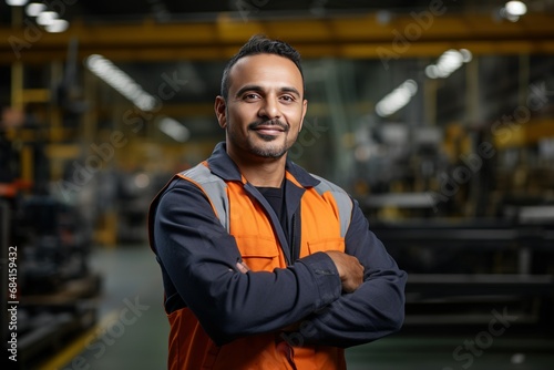 Candid shot of a confident Hispanic male factory worker with arms crossed, industrial construction industry with AI