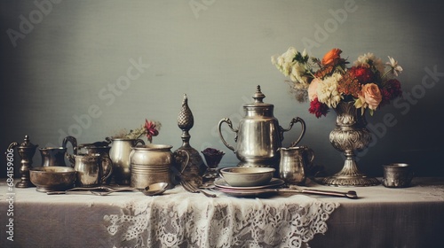 a collection of antique silverware arranged on a lace tablecloth
