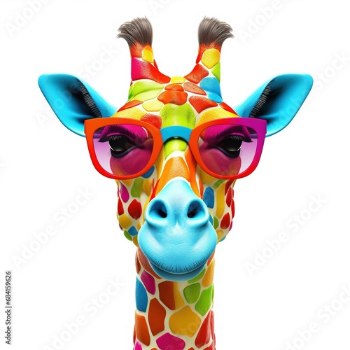 Cartoon colorful giraffe with sunglasses on white background with AI
