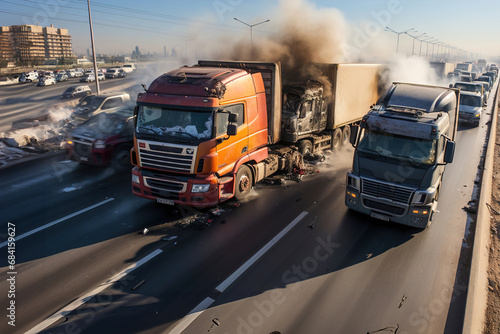 Big car crash on the highway. Truck that is on fire on the side of the road.