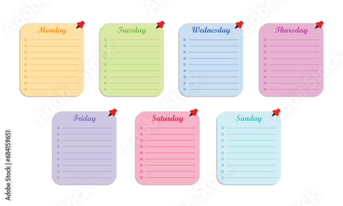 Seven-Day Week Notepad or Memopad set in assorted colors and line space for text. Sticky notes for scrapbooking, bullet journals, gift, tags, cards, planner, bookmarks, reminders and stickers. photo