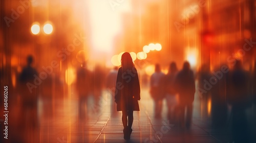 Silhouette of a lonely girl or a young woman standing with her back ro camera in blurred orange night city symbolizing depression and loneliness as well as romantic lifestyle photo