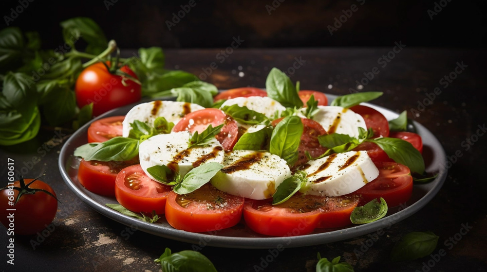 copy space, stockphoto for restaurant, Insalata Caprese. Typical traditional Italian dish. Insalata Caprese  on a plate. Stockphoto for menu. Italian food. Healthy food concept.