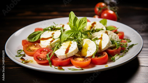 copy space  stockphoto for restaurant  Insalata Caprese. Typical traditional Italian dish. Insalata Caprese  on a plate. Stockphoto for menu. Italian food. Healthy food concept.