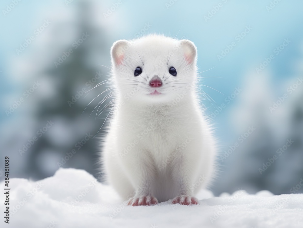 The stoat - Mustela erminea in the snow at winter The stoat - Mustela erminea in the snow at winter