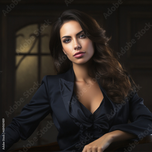 a striking visual featuring a professional female model elegantly dressed in formal attire © نيلو ڤر