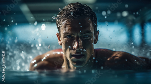 An athlete swims in the pool. Close-up . Fitness and sports in the water. Water sports .  Swimming. © Boris
