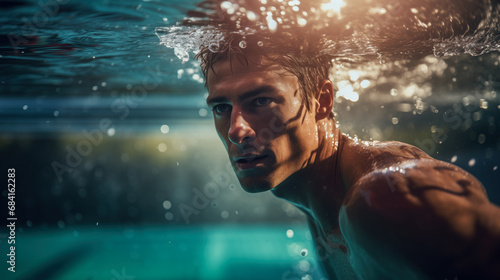 An athlete swims in the pool. Close-up . Fitness and sports in the water. Water sports .  Swimming. © Boris