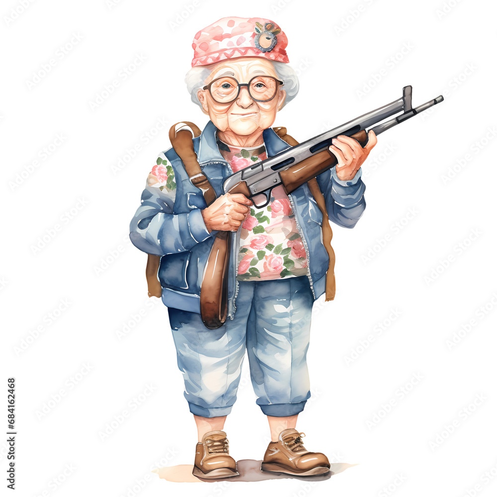 Cute Grandma Hunting Watercolor Clipart Illustration Cute Grandma Hunting Watercolor Clipart Illustration