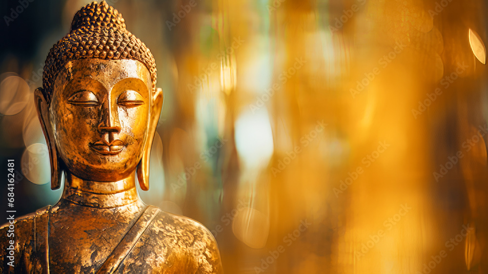 Metallic Buddha statue in the temple with bokeh light and garden background. - obrazy, fototapety, plakaty 