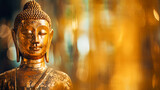 Metallic Buddha statue in the temple with bokeh light and garden background.