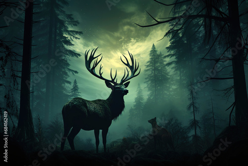 A deer standing in the middle of a forest. Deer silhouette. Green tones.