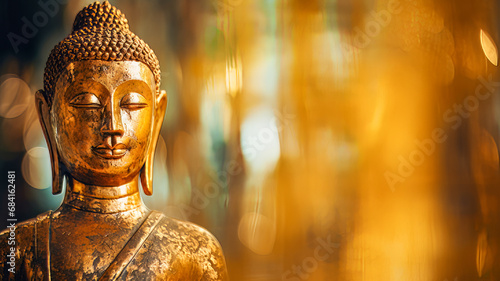 Metallic Buddha statue in the temple with bokeh light and garden background. © Virtual Art Studio