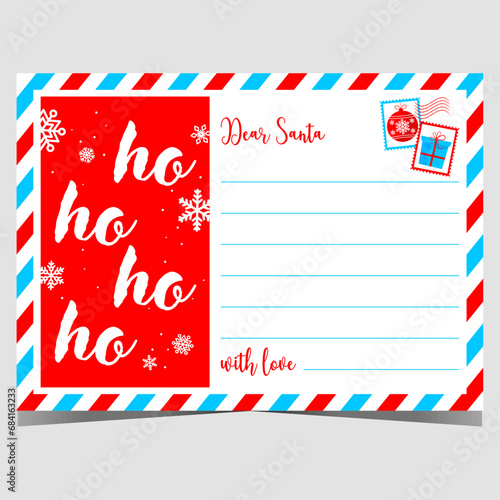 Christmas letter, wish list or postcard for Santa Claus in classical airmail envelope style and lettering Ho-Ho-Ho on red background. Empty template to fill out with a text and send it to Santa.