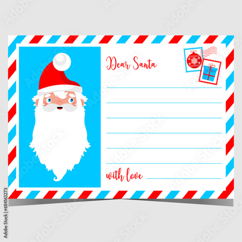 Dear Santa Christmas postcard or wish list template for kids to write a letter and send it to the North Pole. Blank template to fill out with a text or message for Santa Claus during winter holidays.