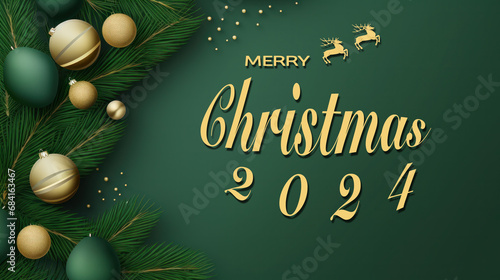 Christmas decorations with packaging gifts and Christmas tree, ball on green background. Flat lay, copy space