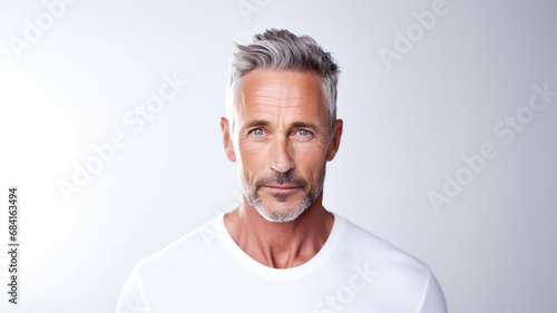 Handsome mature man standing isolated on grey background