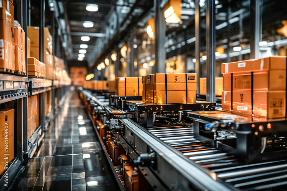 Boxes on a conveyor belt in a factory or courier cargo parcel warehouse.