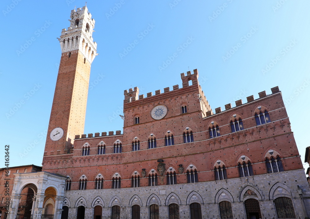 Town Hall Palace and High Tower with Clock in the city of Siena in Italy
