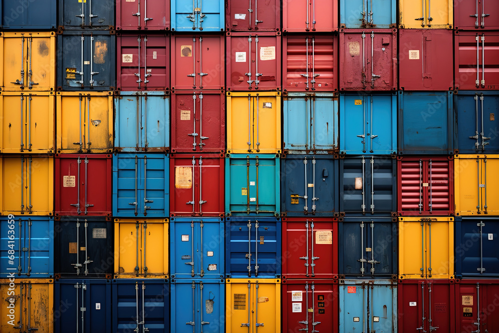 A large stack of multicolored shipping containers. Colorful background. - obrazy, fototapety, plakaty 