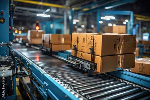Boxes on a conveyor belt in a factory or courier cargo parcel warehouse. © Degimages