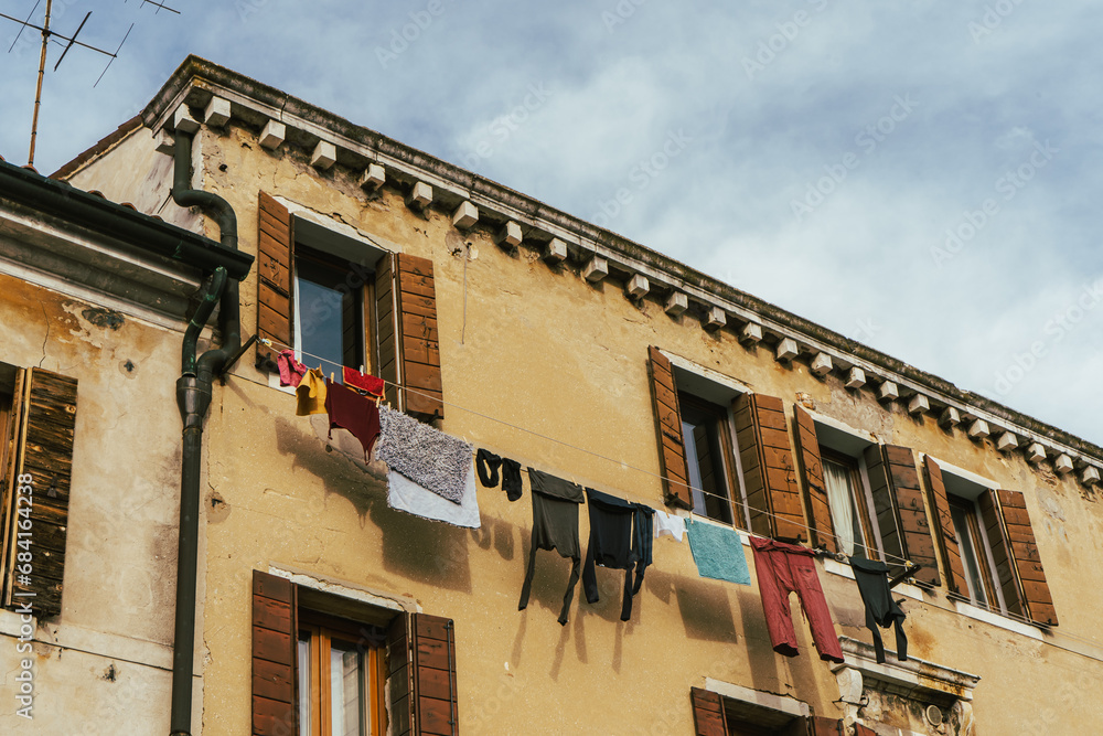 Drying clothes on clotheslines in Venice, Italy