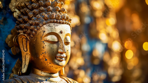 Metallic Buddha statue in the temple with bokeh light and garden background. © Virtual Art Studio