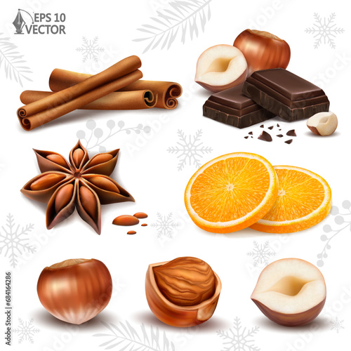 Vector set of winter spices isolated on white background. Cinnamon sticks and star anise. Dark chocolate with hazelnuts. 3D realistic food illustrations for design