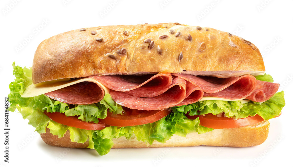 Sandwich with salami tomatoes and lettuce isolated on white background, cut out Sandwich with salami tomatoes and lettuce isolated on white background, cut out