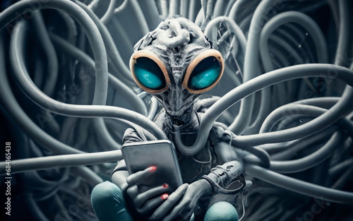 Absurd Photorealism, Greyscale Meme; Profile of a perplexed alien lifeform caught in a messy phone charger entanglement, pondering the chaos of modern technology. Generative AI