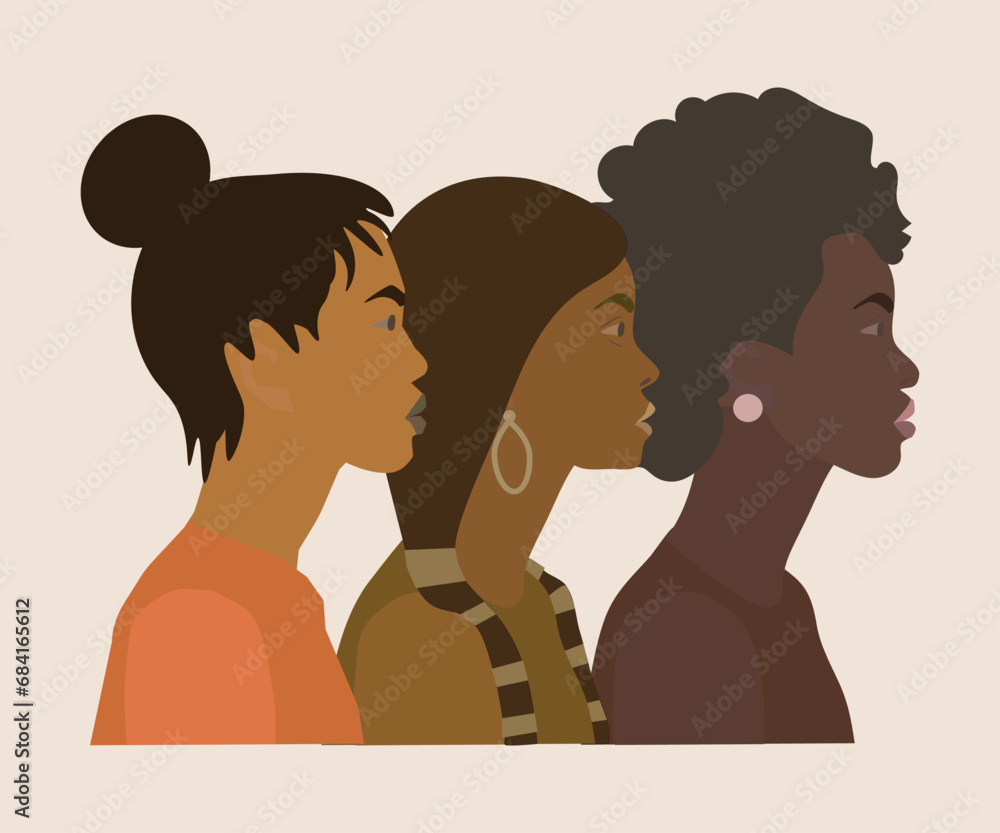 Female African, Asian, Native American Profiles. Poster ore banner on the topic of tolerance to people of different nationalities. Stop racism. Three skin colors.
