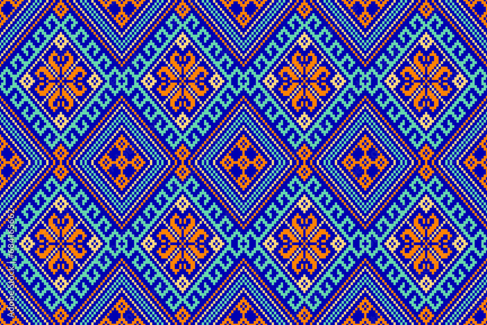 Colorful Seamless pixel pattern in tribal style. Geometric patterns, bright colors, designed for use in textiles, home decoration, backgrounds, wallpaper, cross stitch, fabric patterns.