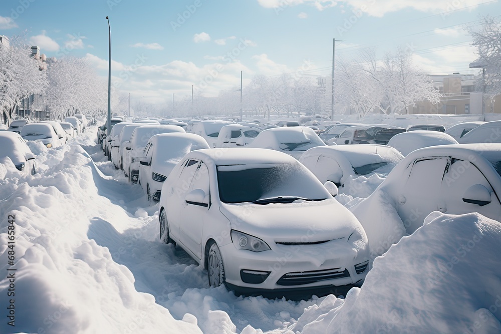 Parked cars covered snow. Generative AI. - obrazy, fototapety, plakaty 