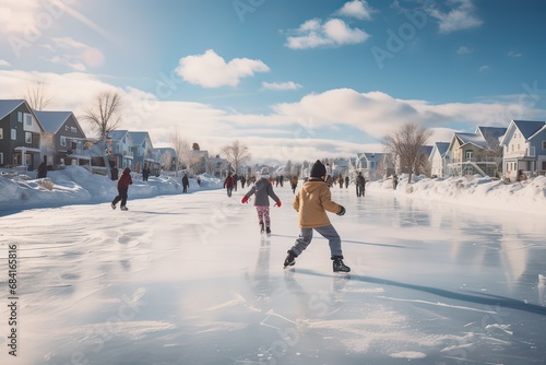 Unrecognizable people ice skating outdoors. Generative AI.