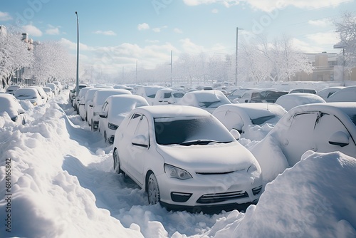 Parked cars covered snow. Generative AI.