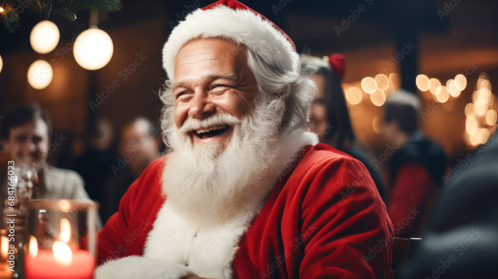 Portrait of a happy and laughing senior person wearing the Santa Claus costume celebrating in a nightclub with Christmas tree and bokeh blurry lights background. New year party and gala dinner concept Portrait of a happy and laughing senior person wearing the Santa Claus costume celebrating in a nightclub with Christmas tree and bokeh blurry lights background. New year party and gala dinner concept