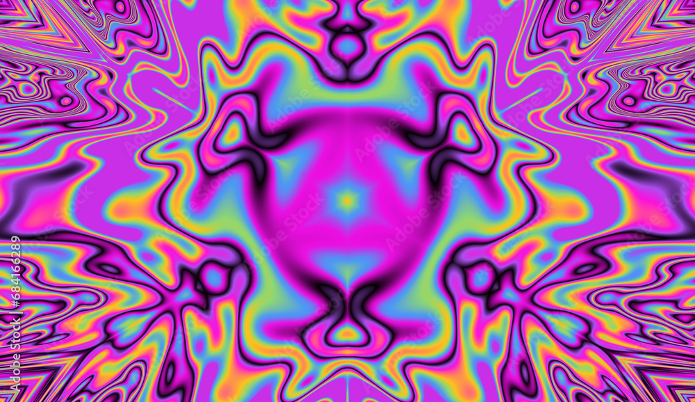 Fototapeta premium A mesmerizing arrangement of kaleidoscopic geometric shapes, forming an abstract and hypnotic background drenched in vibrant neon hues reminiscent of a psychedelic acid rainbow.