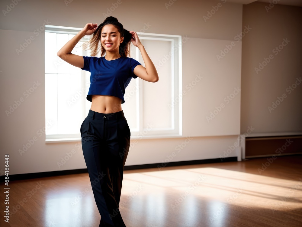 The girl dances in the studio. International Dance Day. Generative AI. The girl dances in the studio. International Dance Day. Generative AI.
