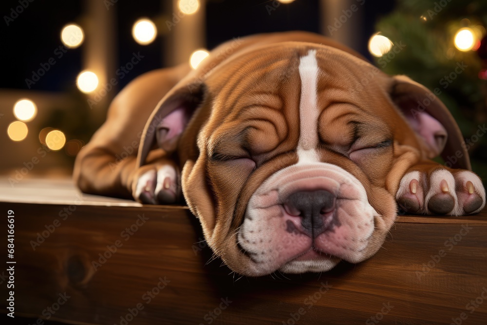 French bulldog sleeps near the Christmas tree. New Year calendar with dog, postcard