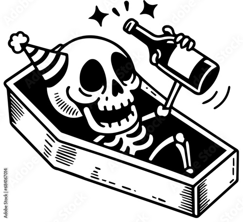 hand drawn illustration of a skull partying