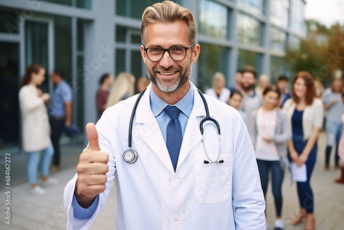 Portrait of successful doctor in lab coat and glasses smiling at the camera, showing thumbs up.